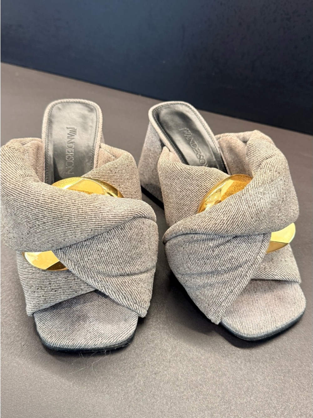 JW ANDERSON Knotted Mules in Light Gray with Gold Accent